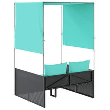 RJPLMFV Double Sun Lounger with Roof and Curtains Black Poly Rattan