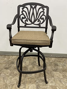 Patio Land Elizabeth Outdoor Cast Aluminum Powder Coated 7-Piece Bar Set with 44x84 Double Burner Rectangular Bar Height Table (Premium Linen Sesame Cushions)
