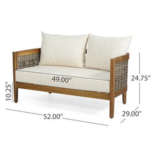Christopher Knight Home Burchett Outdoor Loveseat and Coffee Table Set with Cushions - Acacia Wood and Rattan - Teak/Mixed Brown/Beige