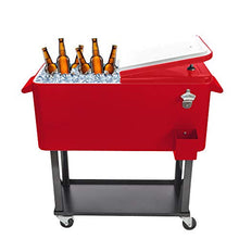 80 Quart Rolling Cooler Cart on Wheels Portable Ice Chest Bar Drink Cooler Outdoor Cold Drink Beverage Cart with Shelf, Bottle Opener, Water Pipe and Cover, for Backyard Patio Deck Party (Red)