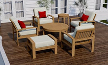 TeakStation 7 Pc Teak Wood Lounge Chair Set: 4 Lounge Chairs, Ottoman, Round Coffee Table & Round Side Table with Cushions in Outdoor Sunbrella Fabric #5404 Canvas Natural
