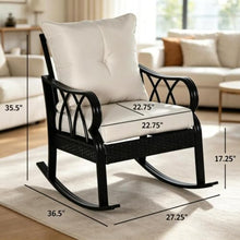 Hassyee Stylish Patio Rocking Chair w/Back & Seat Cushions for Garden, Modern Porch Rocker w/Black Aluminum Frame & PE Rattan Accents for Backyard, Outdoor Rocking Armchair w/High Back for Deck