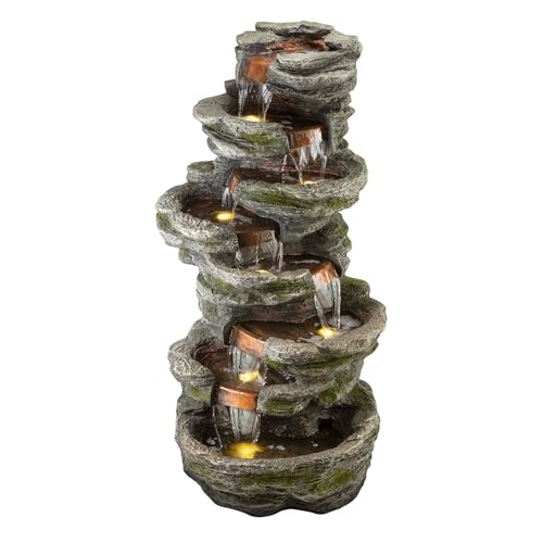 Alpine Corporation WIN1146 Outdoor Floor Cascading 8 Tiered Rock Garden Water Fountain with LED Lights, 58", Gray