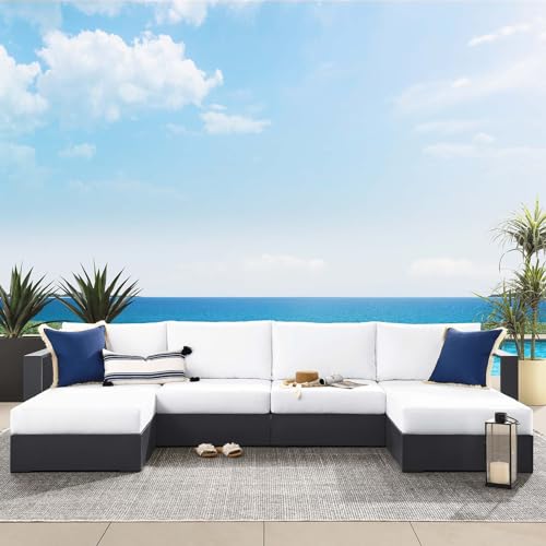 Modway Tahoe Aluminum 4-Piece Outdoor Patio Furniture Gray White, Modular Sectional Sofa Set with Chaise Lounges, Weather-Resistant Cushion, Ideal for Deck, Backyard, Poolside