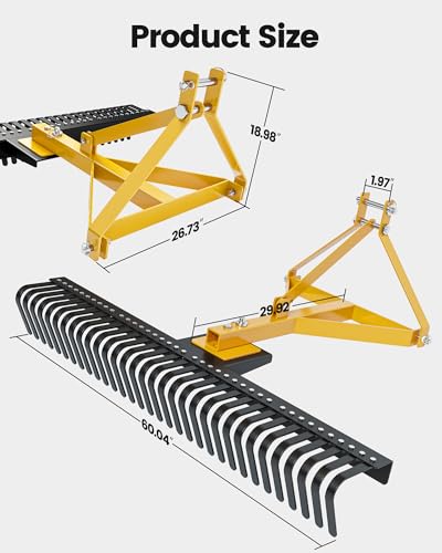 KYBOLT 60-Inch Tractor Rake 3-Point Attachment for Landscape Leveling and Gardening Black/Yellow