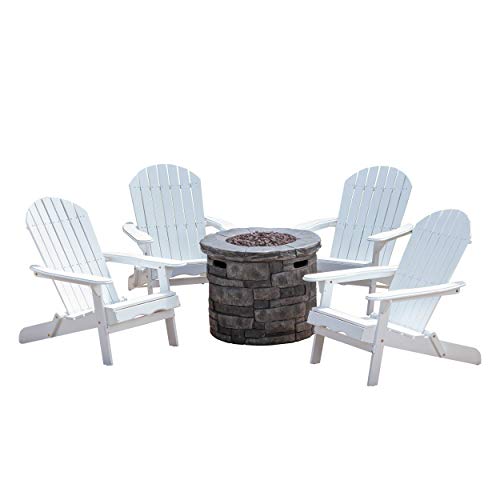 Great Deal Furniture Outdoor 5 Piece Acacia Wood & Lightweight Concrete Adirondack Chair Set with Fire Pit Grey & White