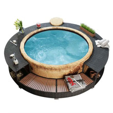 KGFHERENB Black Poly Rattan Hot Tub Surround, 111.4 Inch Wicker Spa Surround with Built-in Storage and Power Pack Cutout, Steel and Eucalyptus Wood Frame for Outdoor Round Tub