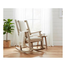 Pemberly Row Mahogany Rocking Chair with Cushioned Seat and Back, Studded Accents, Smooth Rocking Motion, Beige