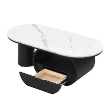 Luxury Modern Oval Coffee Table with Storage Drawer & Shelf, 47.24'' Faux Marble Top Center Table for Living Room, Black Metal Frame Sofa Table with Adjustable Feet, Easy Assembly