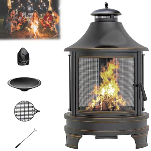 Outdoor Chimney Fireplace with Mesh Guard & Smoke Deflector, 2-in-1 Heating & Grilling, Heavy-Duty Anti-Rust, Easy-Clean Ash Pan, for Backyard, Patio