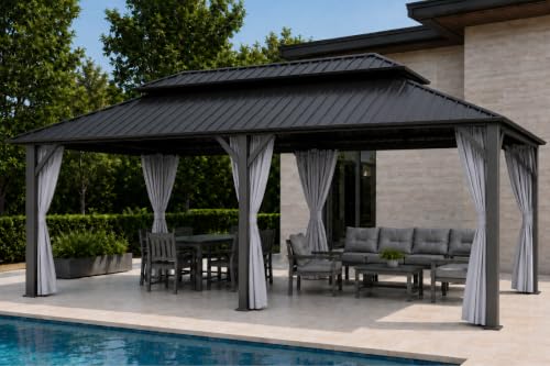 Patio Kingdom 12x20 FT Hardtop Gazebo, Extra Large Double Roof Galvanized Steel Outdoor Pavilion, Heavy Duty Metal Frame Pergola with Netting & Curtains for Backyard, Deck, Gray