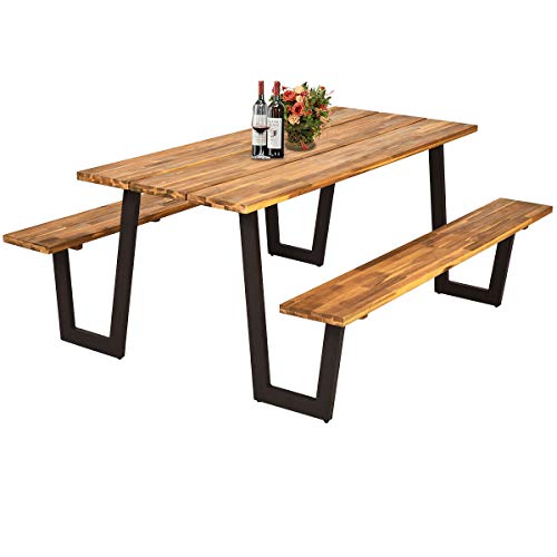 Wood Picnic Table Set for Outdoors Indoors, with Benches and Umbrella Hole, 70" Table Made with Wood, Can be Used for Beer Garden or Dining Table