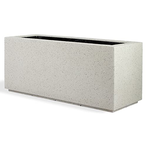 PolyStone Milan Modern Outdoor/Indoor Rectangular Trough Planter - 46" x 17" x 19" H - Lightweight Weather Resistant Stone-Look Resin Planter - Commercial & Residential - White Granite
