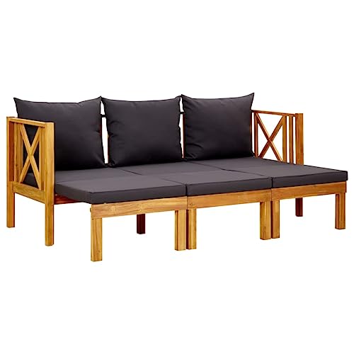 Molumvel 3-Seater Patio Bench with Cushions, Solid Acacia Wood Outdoor Garden Seating, Extendable Sofa Bed for Backyard, Patio, Deck, 70.5 in Long, Grey