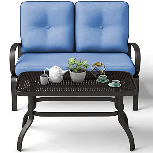 GGGUOJINN 2PC Patio Love Seat Coffee Table Furniture Set Bench W/Cushions Blue Loveseat Coffee Table