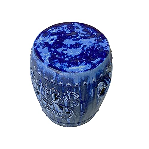 Orientliving Chinese Mixed Blue Round Lotus Clay Ceramic Garden Stool Table Blue
