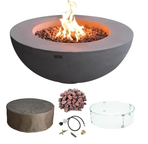 Elementi Lunar Bowl Cast Concrete Fire Table, Outdoor Fire Pit Fire TablePatio Furniture, Light Gray (Liquid Propane Gas)