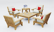 TeakStation 6 Pc Teak Wood Lounge Chair Set: 4 Lounge Chairs, Square Coffee Table & Side Table with Cushions in Outdoor Sunbrella Fabric #5404 Canvas Natural