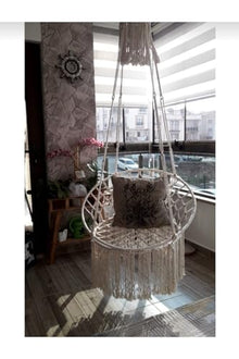 Macrame Hammock Swing Chair, Ecru, One Size, Handmade Cotton Rope, 23.6 x 31.5 in Seat/Back, 220.5 lb Capacity, Scandinavian Style, Includes Steel Anchor & Hook