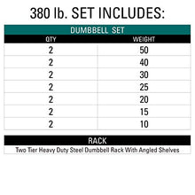 XMark Two Tier Heavy Duty Steel Dumbbell Rack Fully Loaded with 380 lbs Rubber Coated Hex Dumbbells