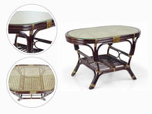Malibu Lounge Set of 4: 2 Natural Rattan Wicker Chairs, Loveseat with Light Brown Cushions and Coffee Table w/Glass Handmade, Dark Brown