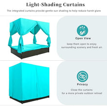 Patio Chaise Lounge, PE Rattan Outdoor Patio Wicker Sunbed Daybed with Adjustable Seats, Four-sided Canopy, Overhead Curtain and Blue Cushions for Backyard, Garden, Poolside (for 2-6 people)
