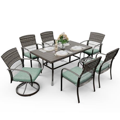 Pamapic 7 Piece Rattan Outdoor Dining Set with Iron Table and Swivel Chairs Green