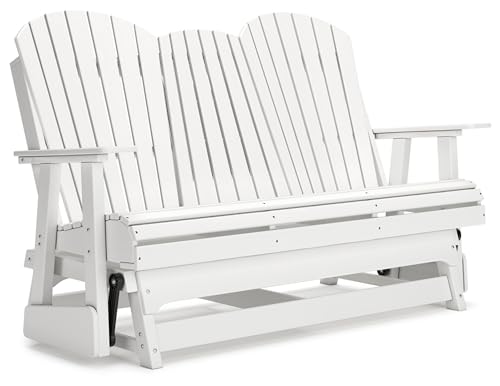 Signature Design by Ashley Hyland Wave Outdoor Glider Loveseat with Drop Down Table and Cup Holders White