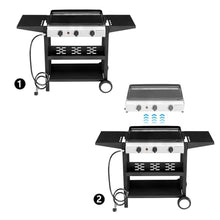 3-Burner Flat Top Gas Griddle Cooking Station with Ceramic Coated Cast Iron Pan, 30,000 BTU Propane Fuelled Griddle Station with Side Shelves & Spice Rack for Outdoor Barbecue Backyard Cookout