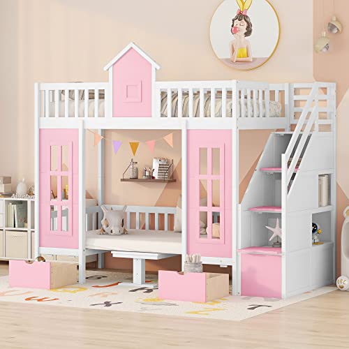 Harper & Bright Designs Twin Size Loft Bed with Stairs and Desk Pink