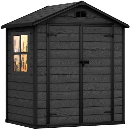 DWVO 6X5FT Resin Storage Shed with Reinforced Floor, Outdoor Storage Shed with Lockable Door, Window and Vents, Waterproof Plastic Tool Shed for Garden, Backyard, Patio, Lawn