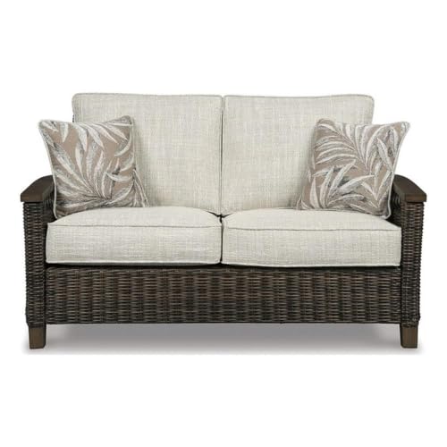 Signature Design by Ashley Paradise Trail Outdoor Loveseat with All Weather Cushions, Nuvella Weather Resistant Fabric, Medium Brown