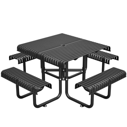 46" Square Outdoor Picnic Table with Slotted Steel Tabletop & Benches, Carbon Steel Construction, 80" Overall Length, Durable & Easy to Clean, Ideal for Backyard, Patio, Family Barbecues, Black