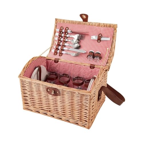 Handmade Wicker Picnic Basket with Lid and Tableware, Portable Rattan Storage Box for Outdoor Camping & Dining