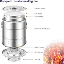 Portable Smokeless Barbecue Charcoal Barrel Grill Stainless Steel Surround Charcoal Kebab Grill with 28 Skewers and BBQ Grill Grate Outdoor Indoor Camping Smokeless