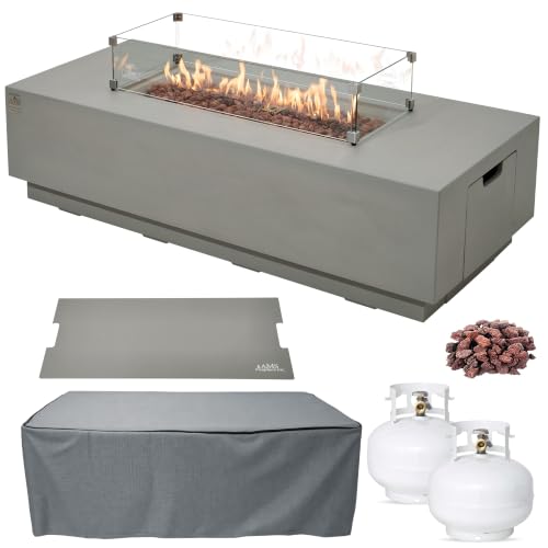 AMS 66" Rectangular Concrete Propane Gas Fire Pit Table Bundle, Light Gray