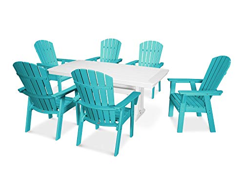 POLYWOOD® Nautical Curveback Adirondack 7-Piece Dining Set with Trestle Legs in Aruba/White