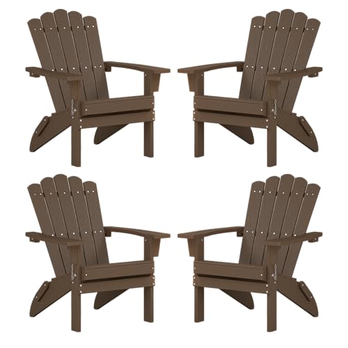 ACUEL HDPE Folding Adirondack Chairs Set of 4, Heavy Duty Weather-Resistant Patio Chairs with Wide Armrests & Ergonomic High Back, Fire Pit Seating for Backyard, Garden, Porch (Brown)