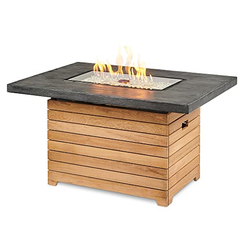 Outdoor GreatRoom Co Propane Fire Pit Table - Darien Gas Fire Pits for Outside Patio - 44 Inch Rectangular Everblend Concrete Firepit Fire Table, Wood Base, Glass Tabletop Cover, 55,000 BTU - Grey
