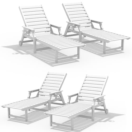 Tioline Pool Lounge Chairs Set of 4,HDPE Patio Lounge Chair Outdoor White
