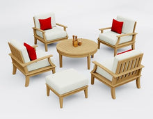 WholesaleTeak Teak Wood 6 Pc Lounge Chair Set: 4 Lounge Chairs, Ottoman & Round Coffee Table with Cushions in Outdoor Fabric #5404 Canvas Natural