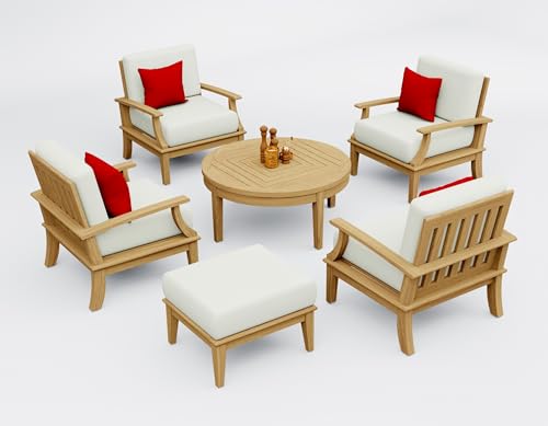 WholesaleTeak Teak Wood 6 Pc Lounge Chair Set: 4 Lounge Chairs, Ottoman & Round Coffee Table with Cushions in Outdoor Fabric #5404 Canvas Natural