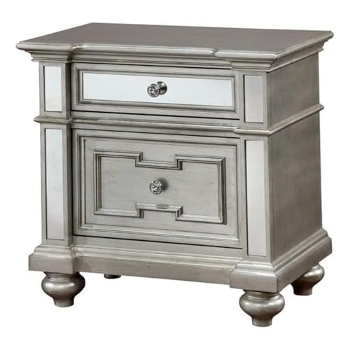 BOWERY HILL Contemporary 2-Drawer Wood Nightstand with Mirrored Accents Silver