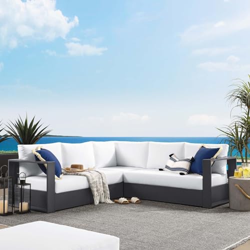 Modway Tahoe Aluminum 3-Piece Outdoor Patio Furniture Gray White, Modular Sectional Sofa Set with Weather-Resistant Cushions, Ideal for Deck, Backyard Poolside