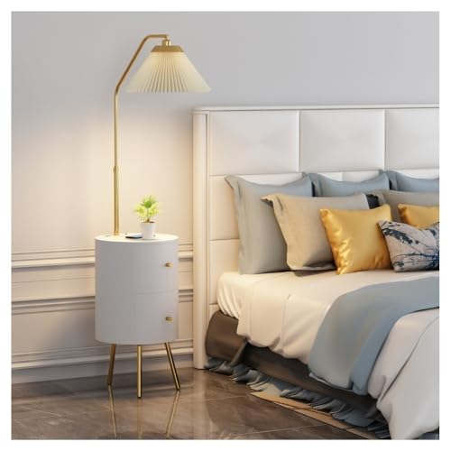 ZHONGCHENGWU Floor Lamp Modern Round LED Nightstand with Charging Station & 3-Color Bulb, 2 Wood Drawers(White)
