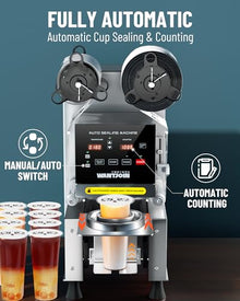 WantJoin Full Automatic Cup Sealing Machine 90/95mm 500-650 Cups/H Digital Control LCD Panel Grey