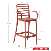 Costaelm Patio Stools & Bar Chairs Set of 2, Tall Patio Chair with Armrests and Footrest, Weather Resistance Bistro Island Chairs Counter Height Bar Stool for Yard, Garden, Balcony, Red