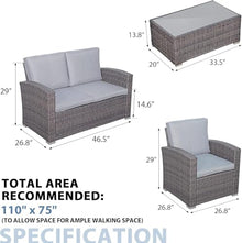 HTERWQEA Patio Furniture Set 4 Piece, Outdoor Wicker Conversation Set, Rattan Seating with Soft Cushions for Small Space Balcony Backyard Lawn, Tempered Glass Coffee Table