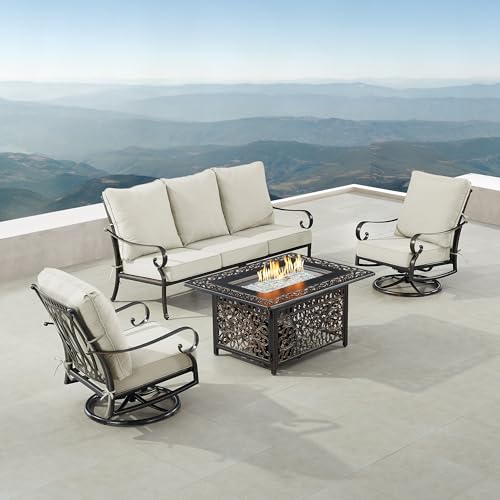 Oakland Living Black Aluminum Patio Fire Table Set with Deep Seating Sofa, Two Club Chairs and Wind Blocker