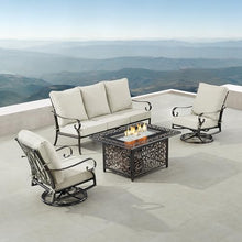 Oakland Living Black Aluminum Patio Fire Table Set with Deep Seating Sofa, Two Club Chairs and Wind Blocker